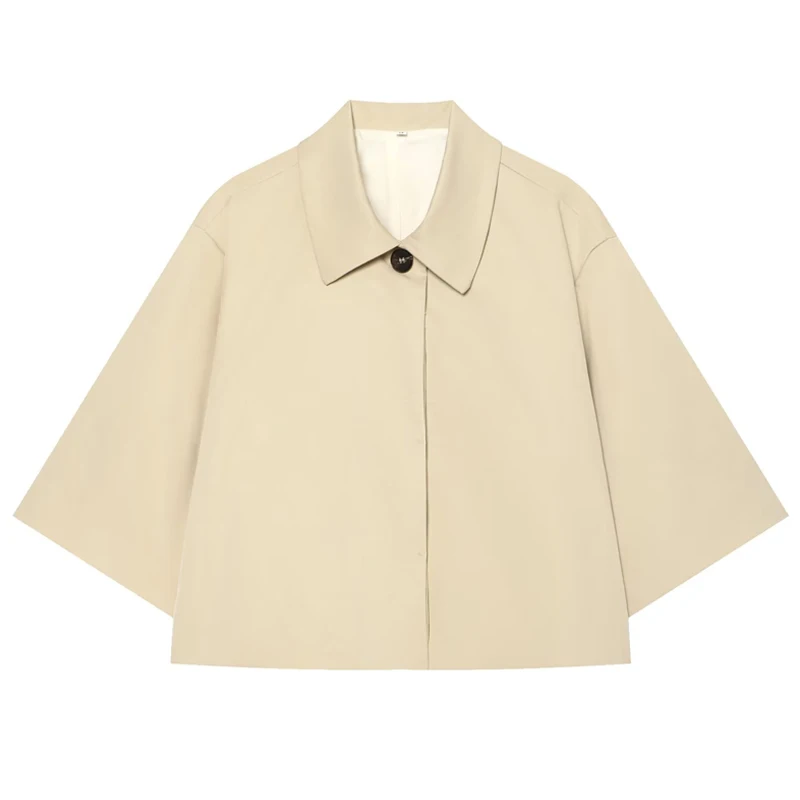 HXAO Cropped Oversized Jacket Women's Jacket Autumn 2026 Minimalist Khaki Lapel Button Half Sleeve Coat Fashion Office Outerwear