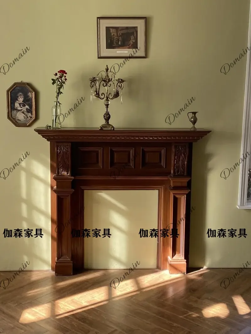BX American Retro Solid Wood Mantel Medieval Carved Decorative Cabinet Living Room Retro Fireplace Porch Background Wall