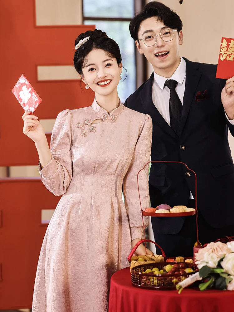 

Pink Engagement Dr New Chinese Sle Wedding Guest Dr ort Maidsmaid Autumn Winter New Arrival Ele A-Lin...