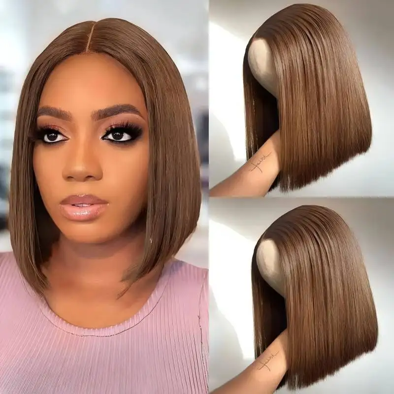 

Brown Straight Bob Wig Human Hair Highlight 4x4 Lace Front Wigs #4 Color Short Bob Wig Pre Plucked with Baby Hair 220% Density