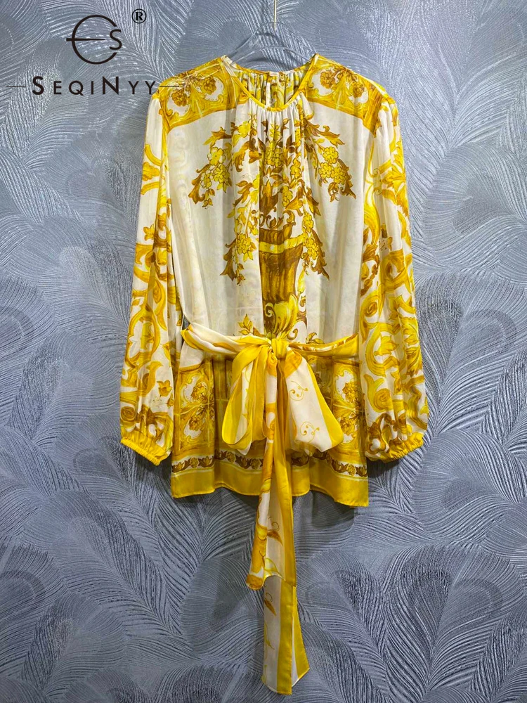 

SEQINYY Elegant Blouse Summer Spring New Fashion Design Women Runway Lantern Sleeve High Quality 100% Silk Loose Top Belt