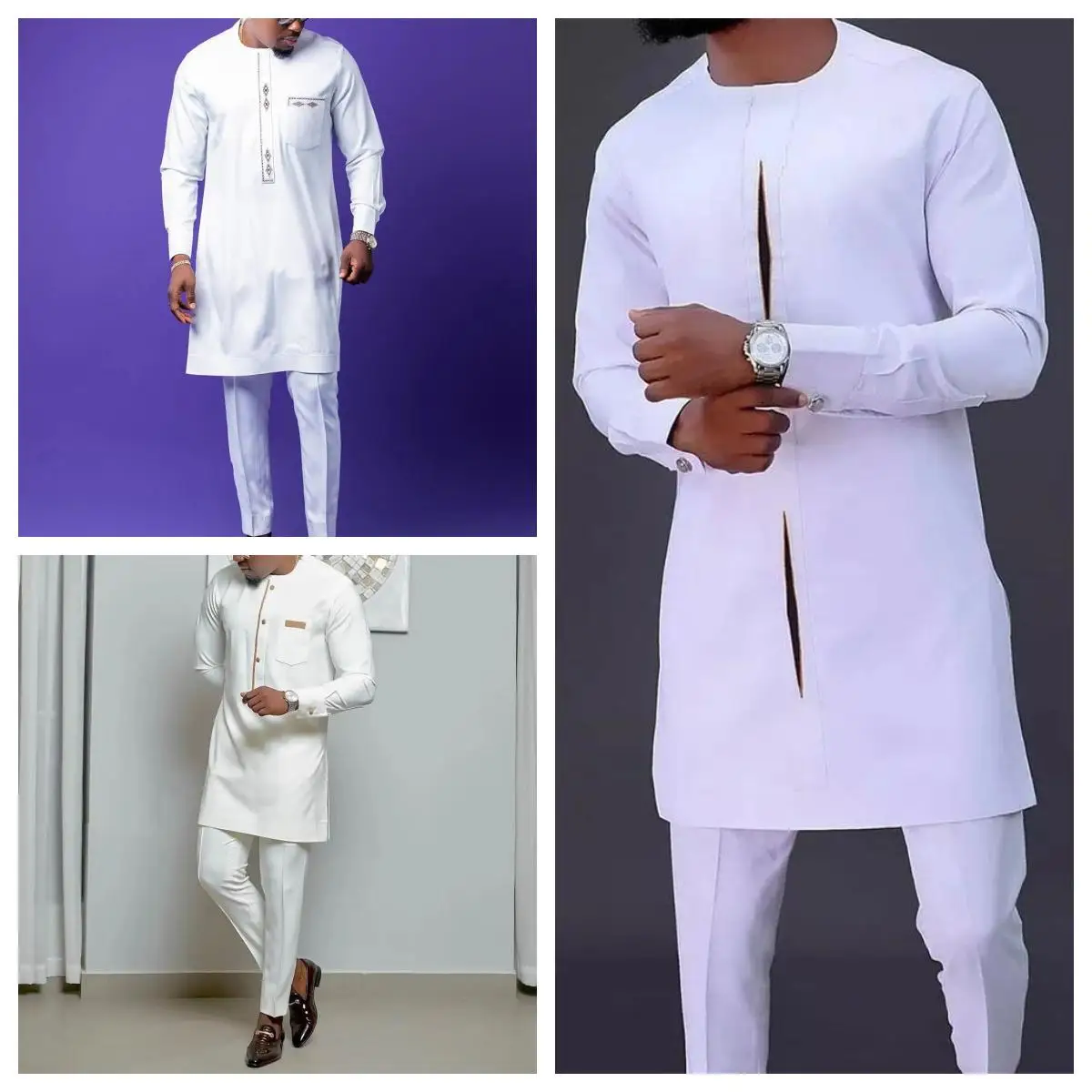 New African Traditional Men\'s Set White Luxury Men\'s Set Wedding Men\'s Suit Round Neck Long Sleeve Two Piece Set Kaftan Style