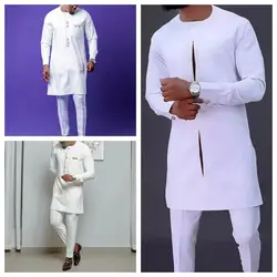 Fato de casamento tradicional africano masculino, gola redonda, manga comprida, estilo kaftan branco, luxo, novo, conjunto de 2 peças