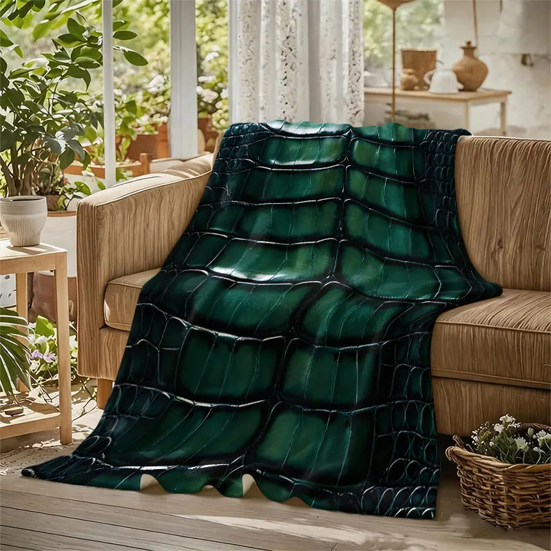 Emerald Crocodile Texture Flannel Blanket Perfect for Sofa Office Bed Travel Sleep Read Relax Camping Four Season Use