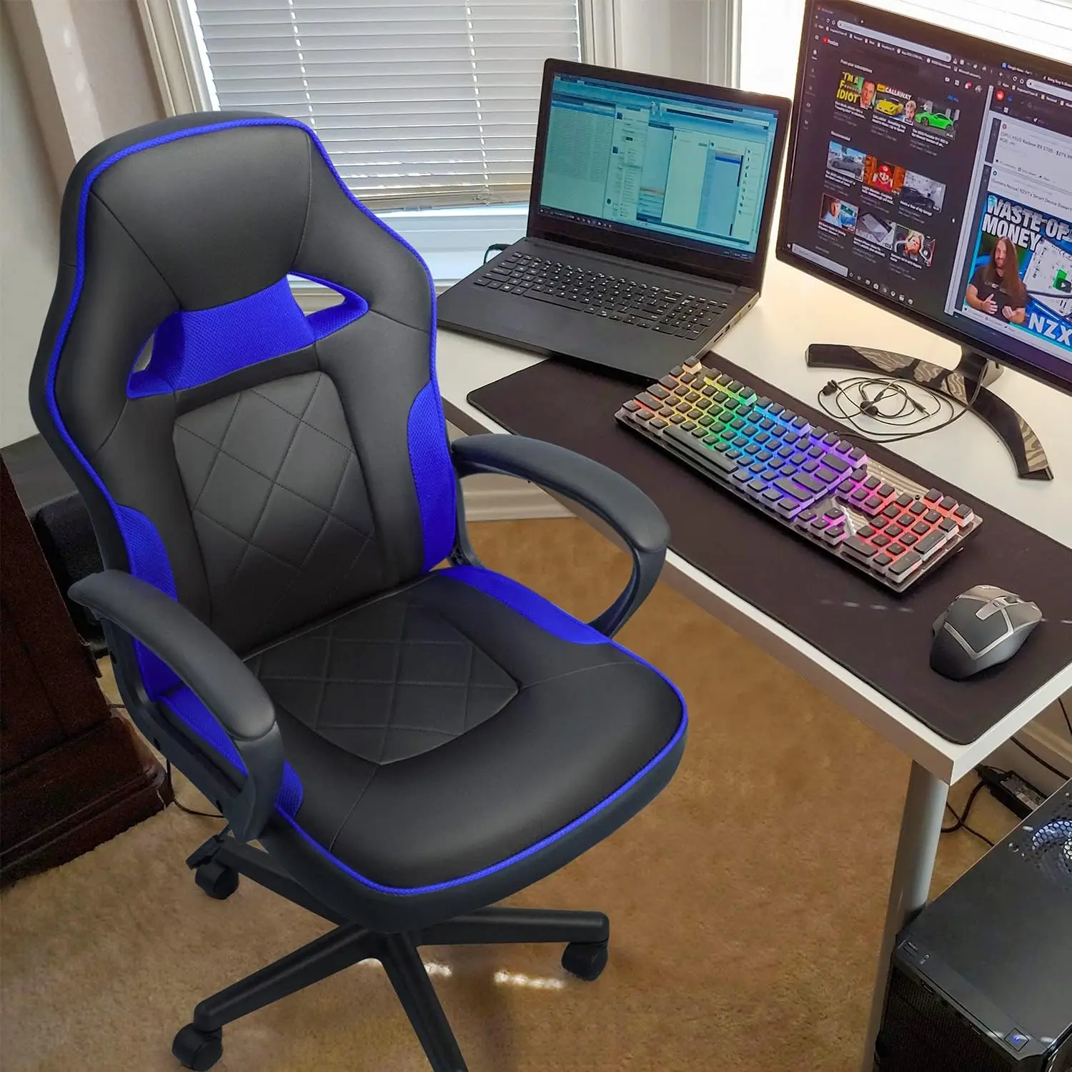 Leather Gaming Chair Office Desk Chair, Racing Style Video Game Chair High Back Executive Computer Chair with Lumbar Support