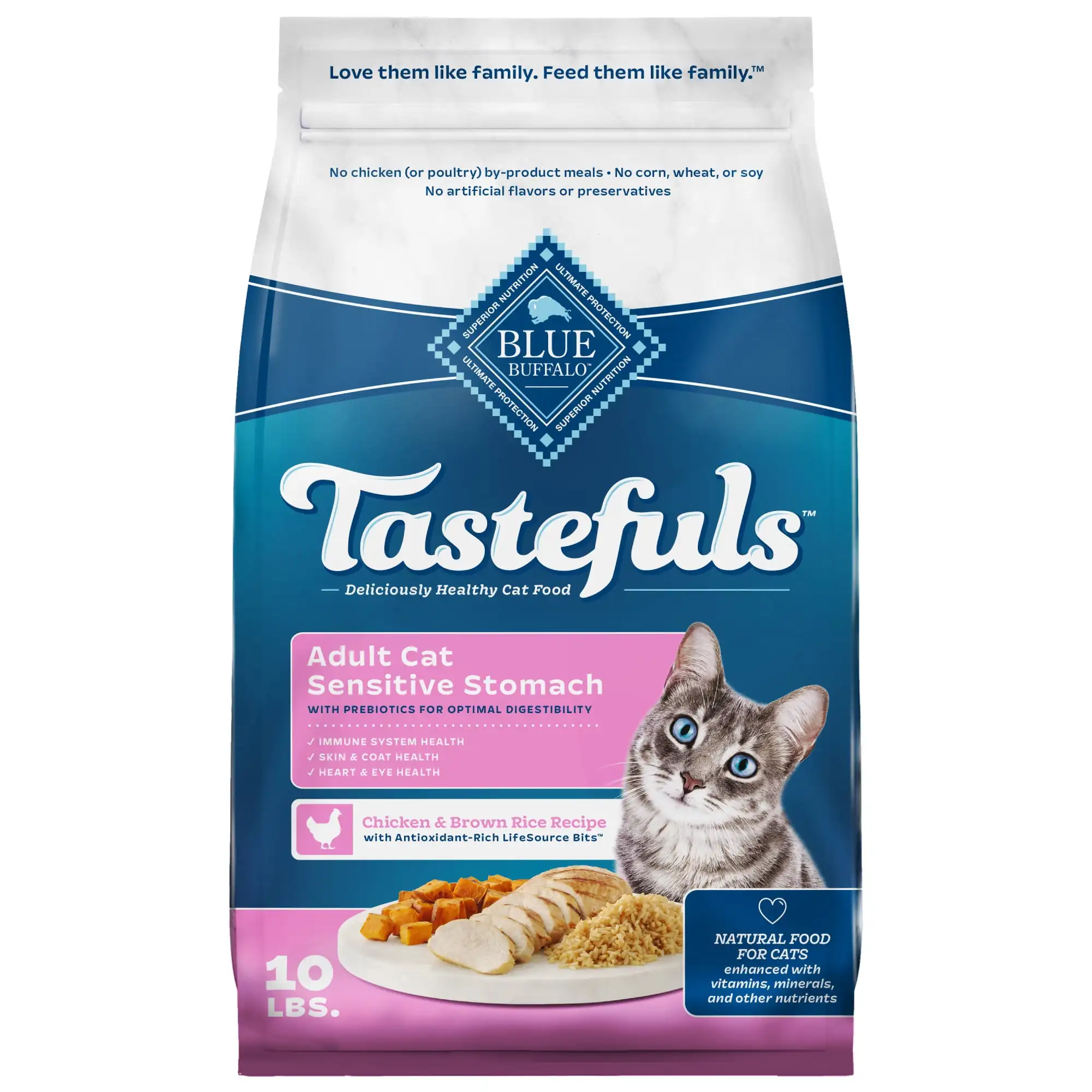 

Tastefuls Dry Cat Food, Sensitive Stomach, Chicken and Brown Rice, 10-lb Bag