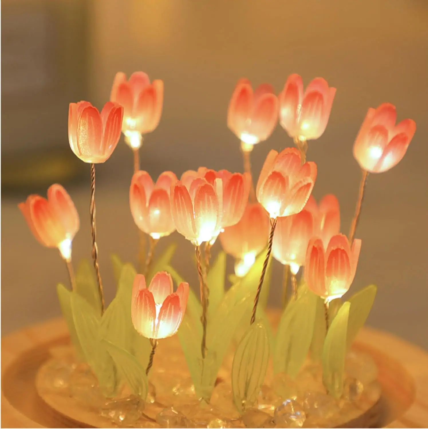 Tulip Night Light LED Decorative Light 20 LED Glass Artificial Flower Bedroom Desk Lamp, Mother's Day Birthday Gift for Mom,