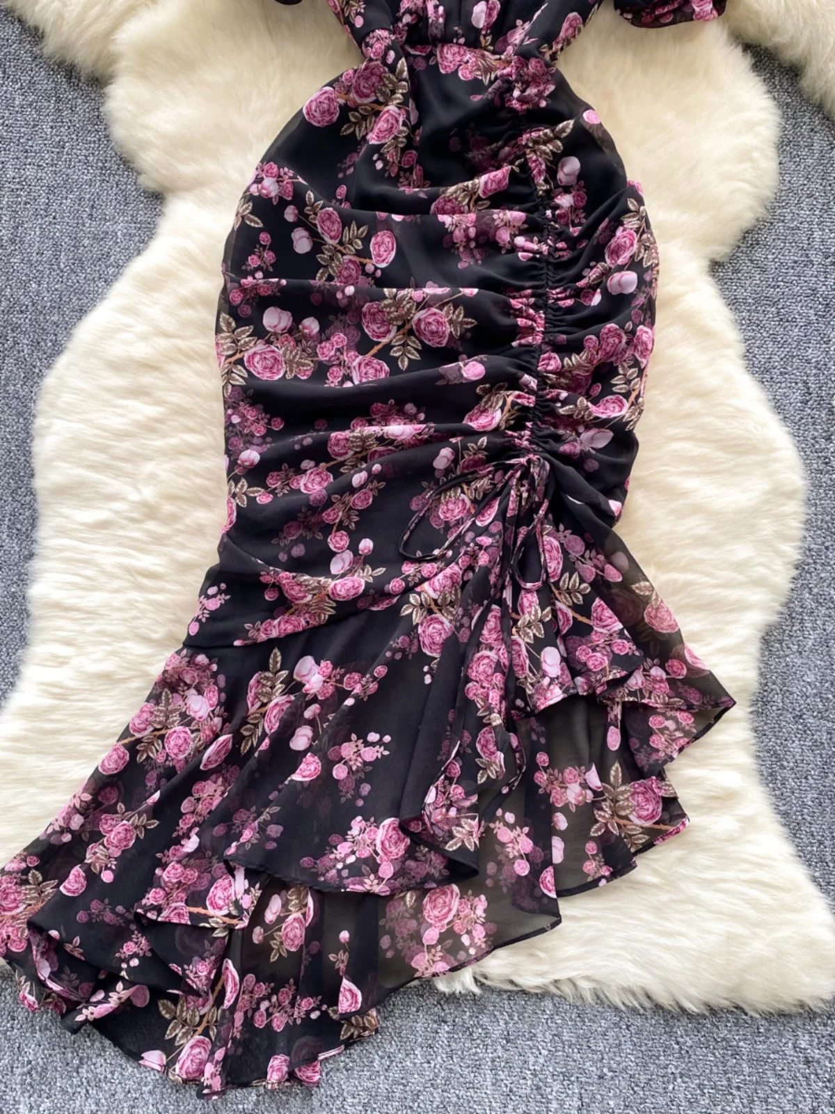 Romantic Floral Print Women's Dr Summer Bubble Sve Asymmetrical Design Luxury Fi Tail Long Gown High Waist A-Line Skirt