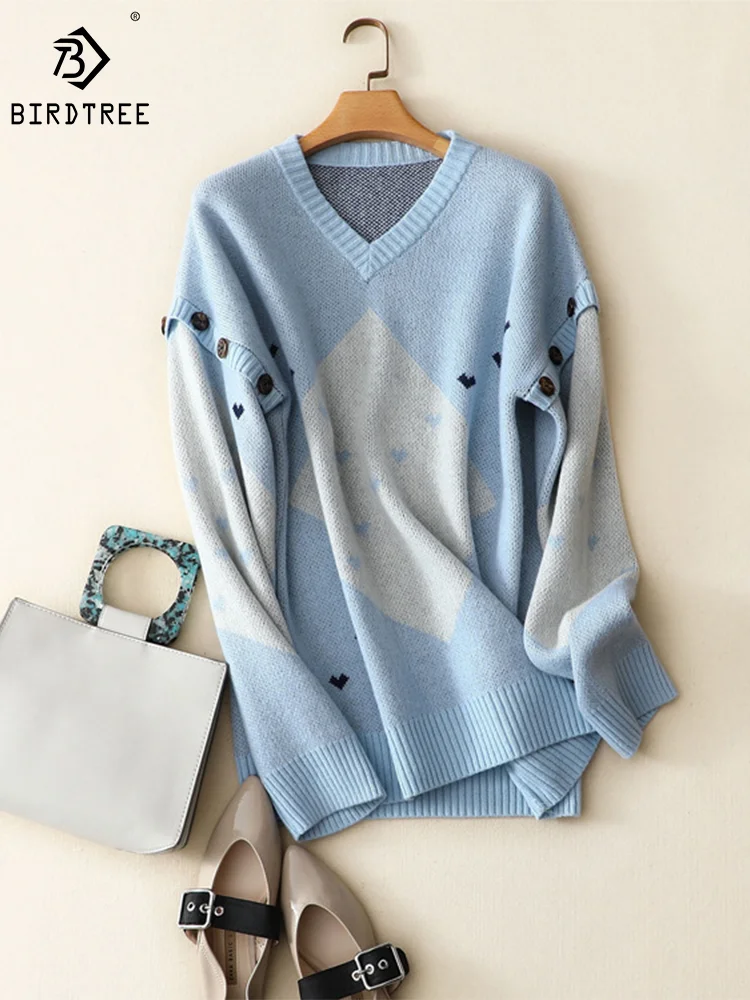 

Birdtree 30% Cashmere 70% Wool Basics Sweaters V Neck Patchwork Long Sleeve Lazy Warm Sweater Top Fall Winter Pullover T38934QM