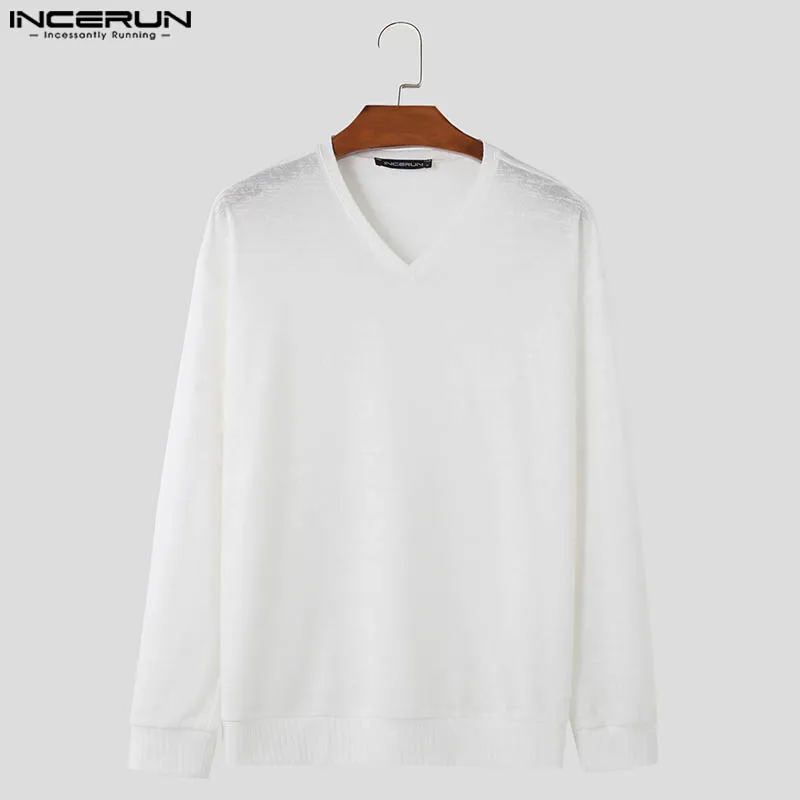 INCERUN Tops 2024 Korean Style Men\'s Fashion V-neck Loose Thin T-shirt Casual Simple Texture Knitted Long Sleeved Camiseta S-5XL