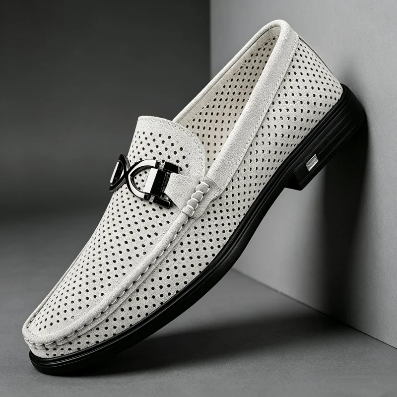 Men Hollow Breathable Hole Loafers Summer Anti-sweat Slip On Driving Moccasins Metal Ornament Light Flat Casual Walking Shoes