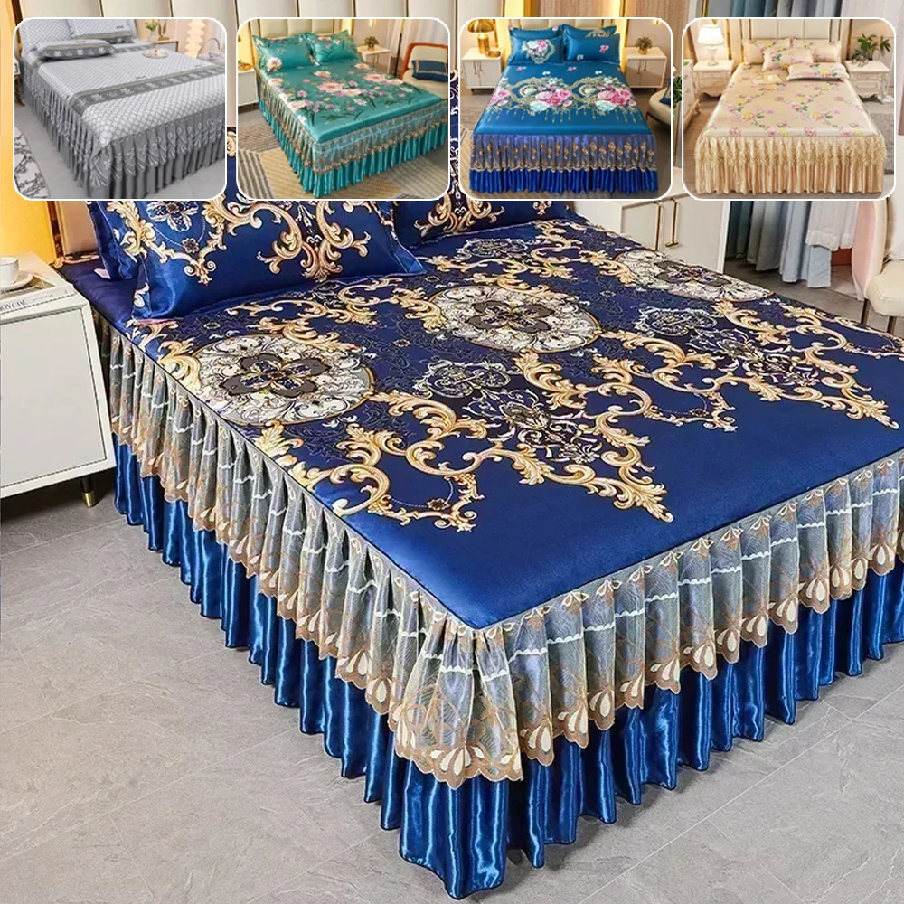 

Luxury Modern Royal Blue Bedspread Summer Bed Skirt Machine Washable Sheets Bed with Elastic Band for Home Покрывало Для Кровати
