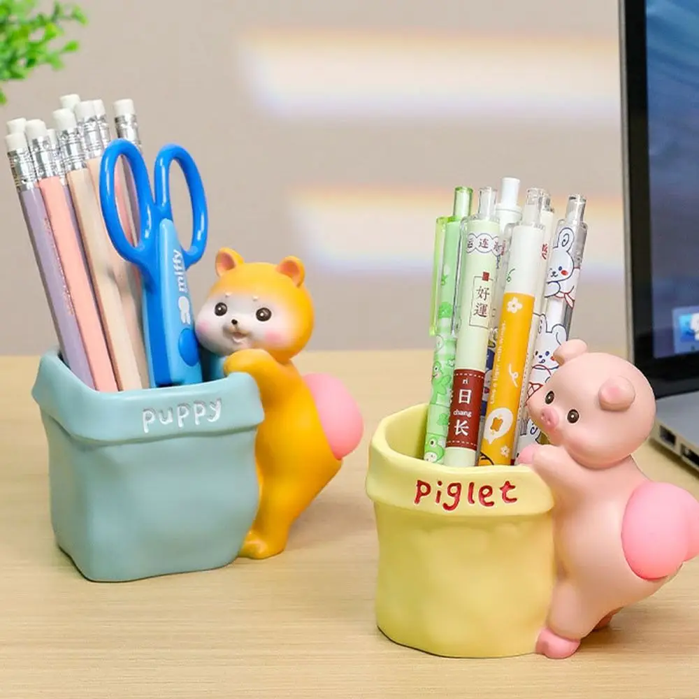 Cute Pet Cartoon Resin Pen Holder Pen Container Kawaii Stationery Storage Desktop Ornament Resin Cat