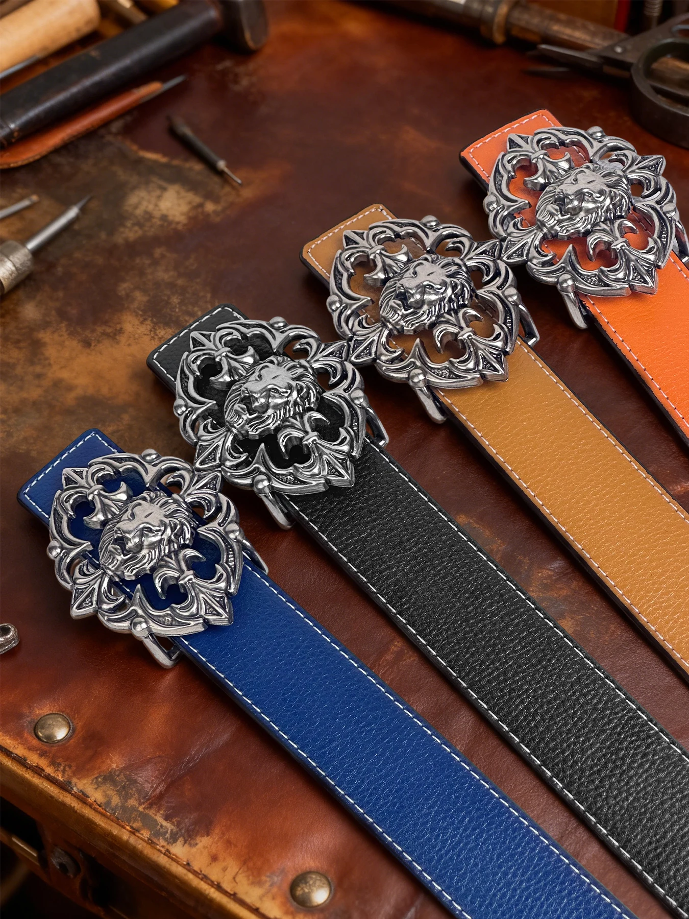 

Men's domineering lion head buckle belt vintage carved metal buckle business casual all-match belt