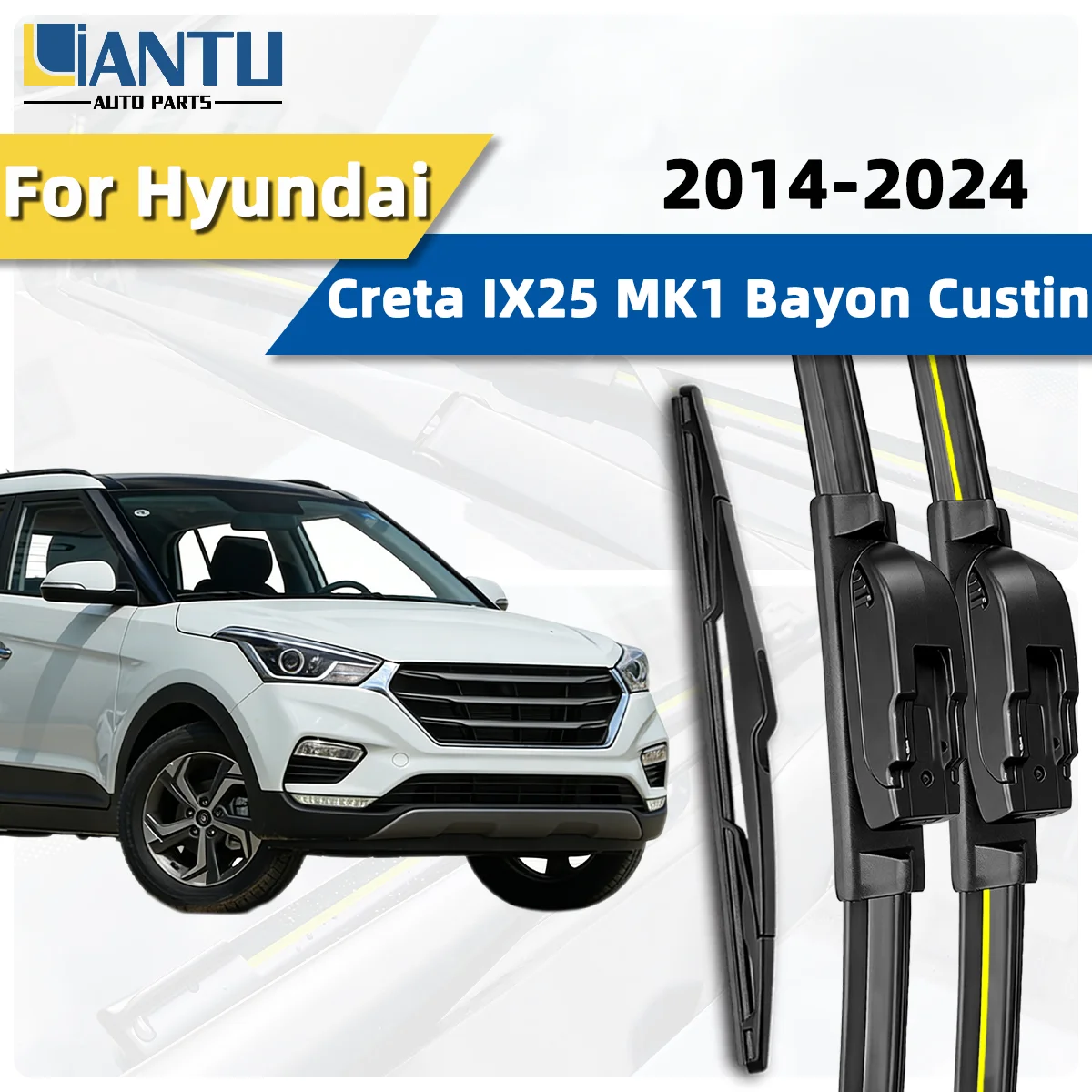 3-teiliges Scheibenwischer-Set für vorne und hinten, passend für Hyundai Bayon Creta IX25 MK1 Custin 2014–2024, Windschutzscheibenwischer, geräuschloser Wischer, Autozubehör
