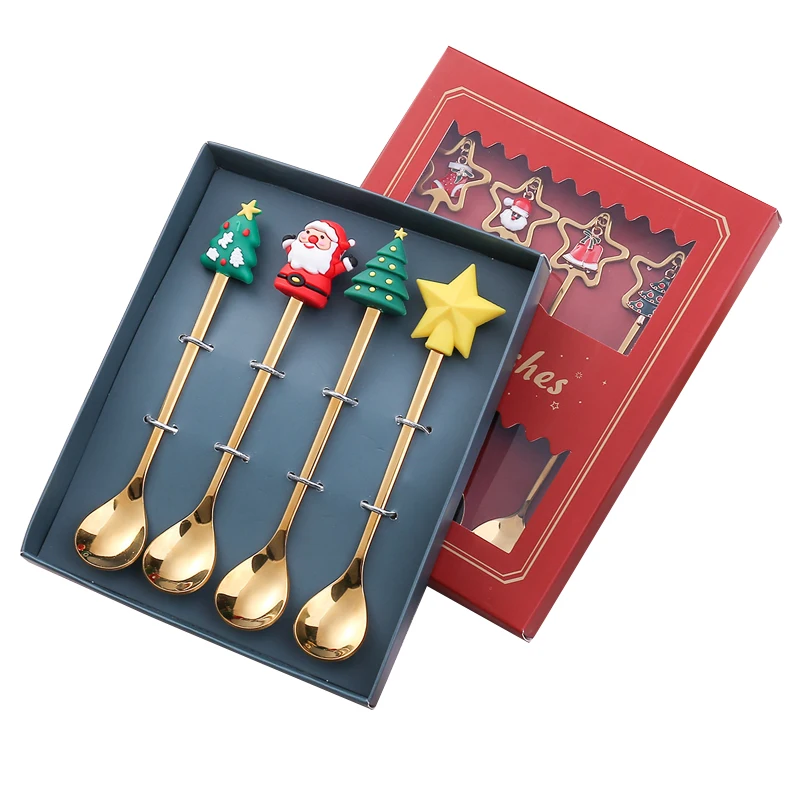 Christmas Spoons with Gift Box, Stainless Steel Stirring Spoon Tea Coffee Spoon with Christmas Pendant for Home Xmas Party