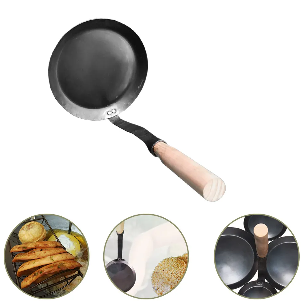 Cuchara de freír profesional de aleación con mango ergonómico de madera, diseño cóncavo-convexo antiadherente para aperitivos fritos y preparación de timbales.