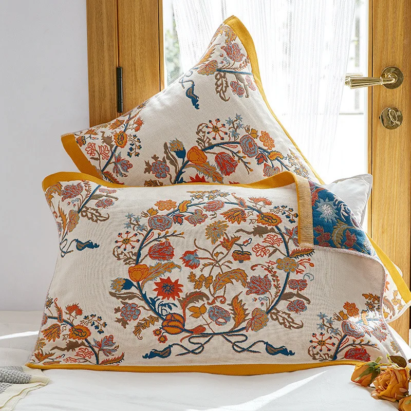 1 Pair Cotton Gauze Pillow Towel European Style Decorative Pillowcase Breathable Soft Bedding Couple Washable Pillows Cover