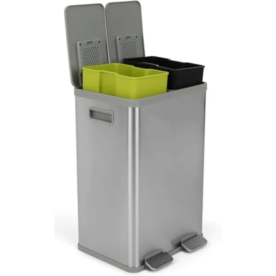 

40 Liter Rectangular Hands-Free Dual Compartment Recycling Kitchen Step Trash Can with Soft-Close Lid Brushed Stainless Steel 2