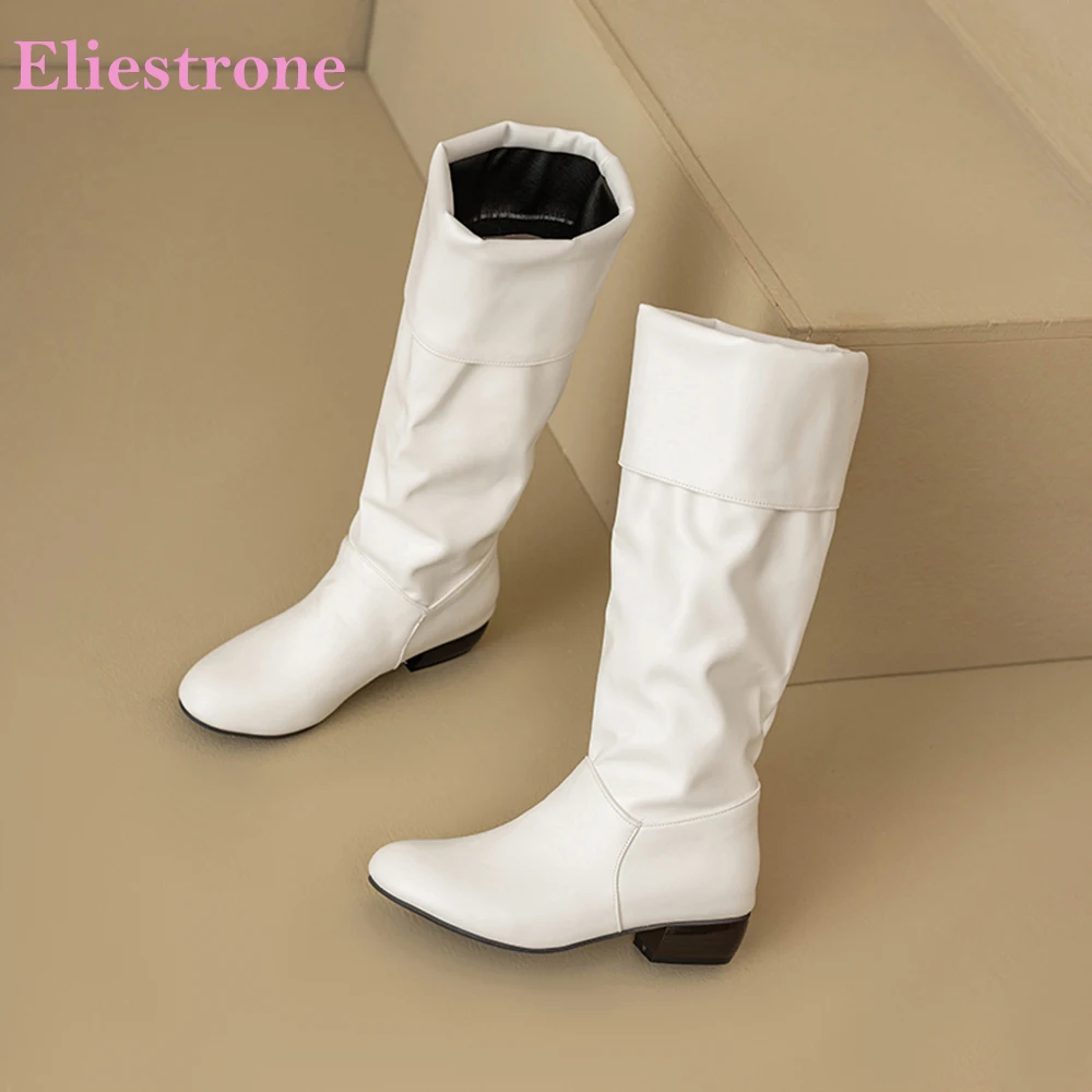 

2025 New Winter Casual White Black Women Mid Calf Riding Boots Hot Med Block Heels Lady Dress Shoes Plus Big Size 12 44 47