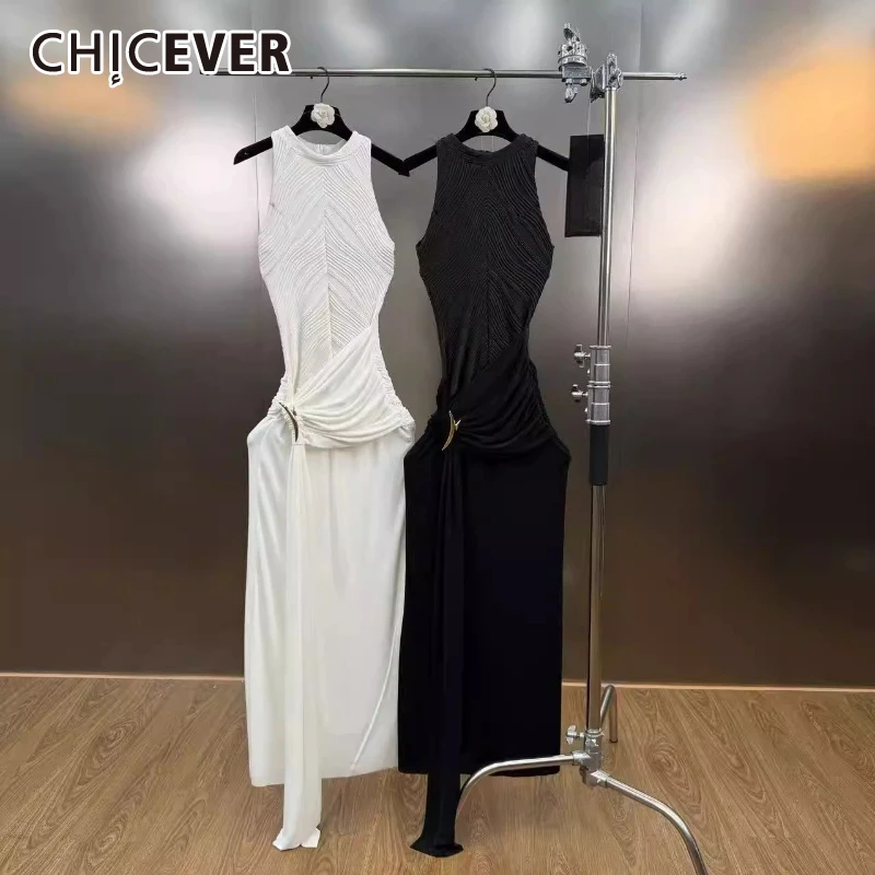 CHICEVER Solid Spliced Folds Chic Dress Female O Neck Sleeveless Slimming Elegant Intellectual Women's Dresses Summer Fashion