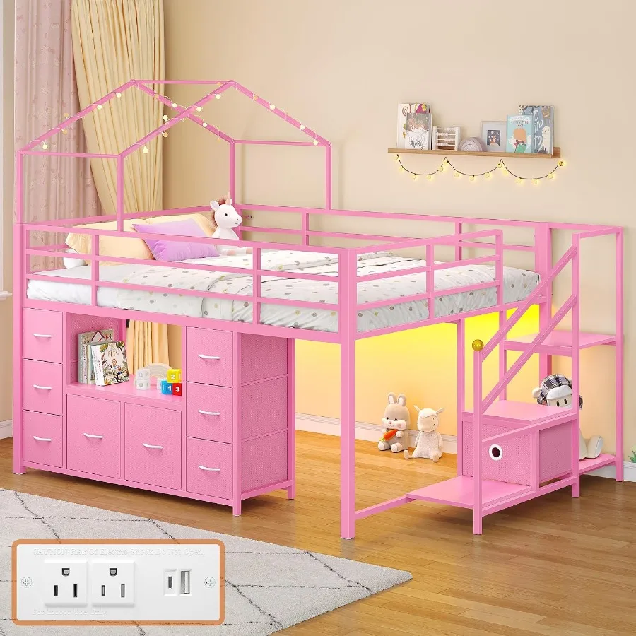 Low Loft Bed for Small Spaces: Engineered Wood, White, 9 Storage Drawers + Adjustable LED Lights