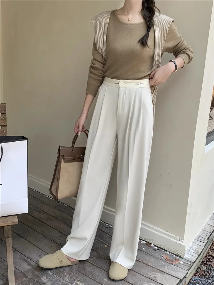 High Waist Straight Leg Drapey Casual Pants Women's Slimming Wide Leg Trousers Floor-Length Letter Splicing Long Pants