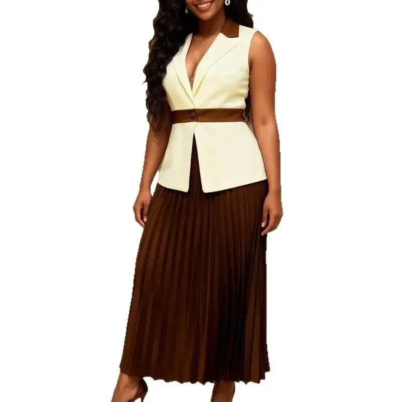 Plus-size Color-blocked Blazer Dress Set, Sleeveless Waist-cinching Top And Pleated Long Skirt, Fashionable Two-piece Outfit For
