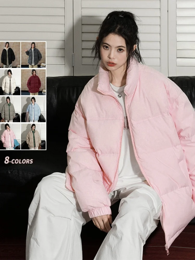 

Men's Pure Color Stand Collar down Jaet Warm Cotton Coat Winter Trendy Match All Couples Bread Sle Outerwear Coat