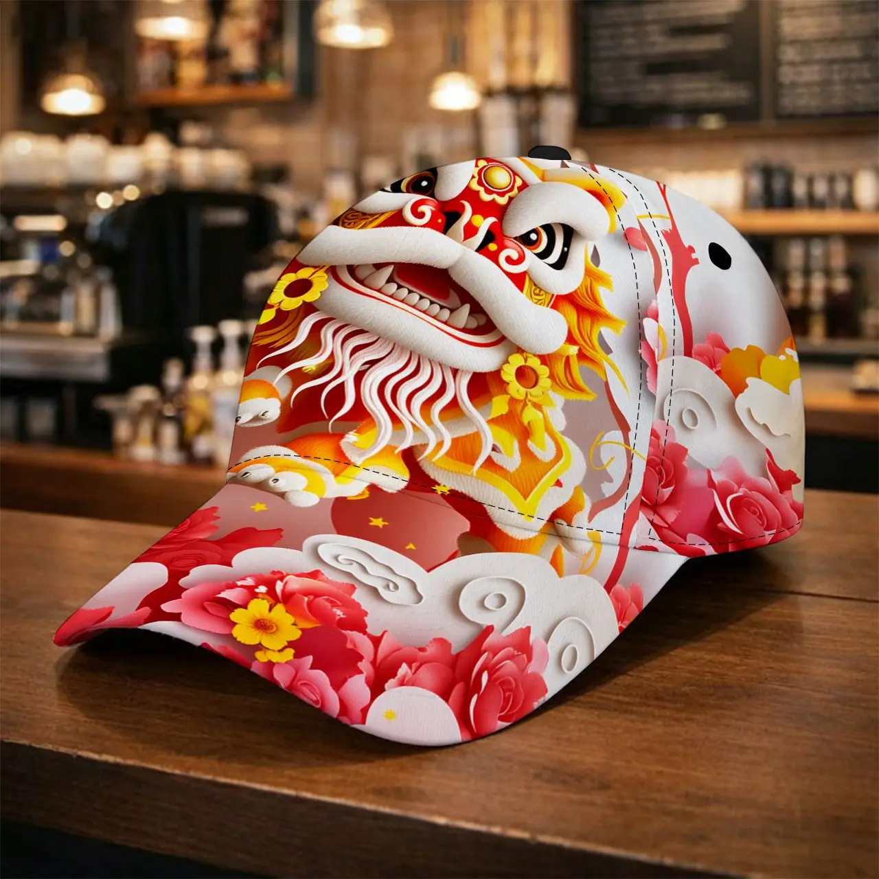 Chinese Lion Dance Pattern Baseball Cap with Vibrant Red And Golden Colors Featuring Traditional Dragon Motifs Cloud Designs
