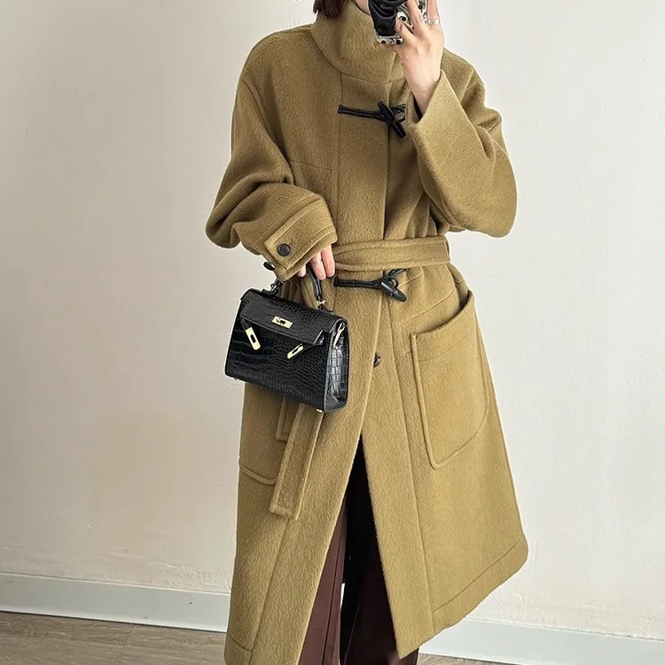 Autumn and Winter Premium 20 Yak Fleece Coat Women's Long Style Pure Bull Horn Button Stand Collar Loose silhouette Wool Coat