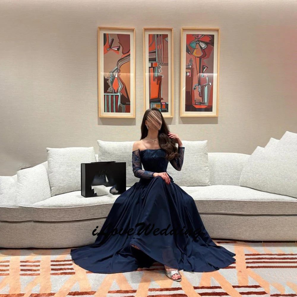 

Винтажное синее женское вечернее платье с открытыми плечами и длинными рукавами, кружевное шифоновое трапециевидное длинное платье для свадебной вечеринки, торжественное платье для выпускного вечера по индивидуальному заказу