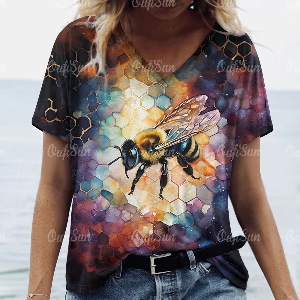 Summer Women\'s T-Shirt Vintage Bee Print Tops Natural Scenery V Neck Pullover Short Sleeve Loose Daily Casual Design Clothing