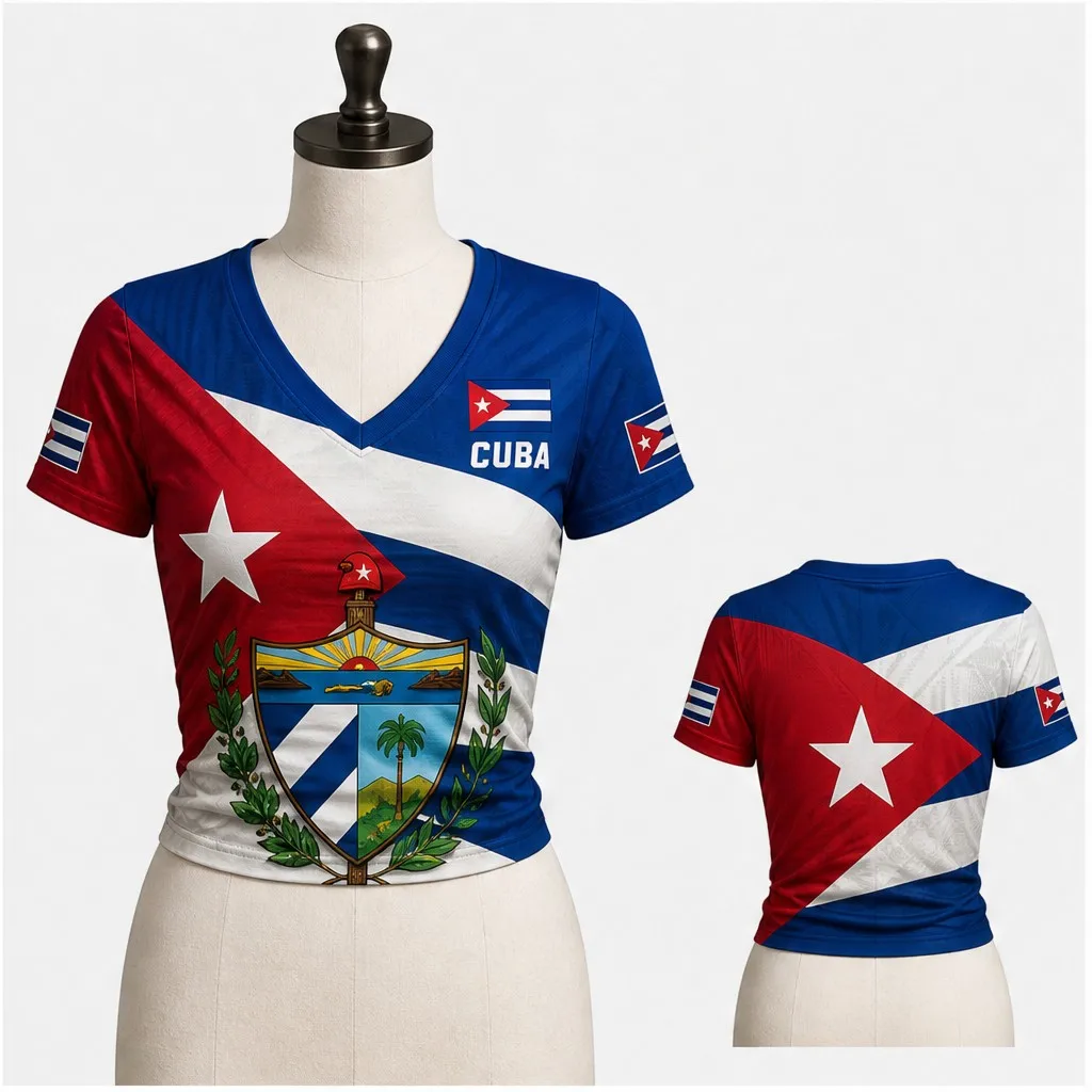 Womens Cuba V Neck Short Sleeve Crop Top Flag Crest Star Graphic Casual Summer Shirt for Street Travel Festival Everyday Outfits