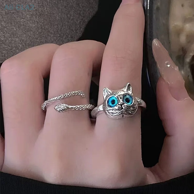 Fashion Vivid Cute Silver Color Cat Snake Open Rings For Women Girls Adjustable Finger Ring Gothic Cool Animal Jewelry Gifts