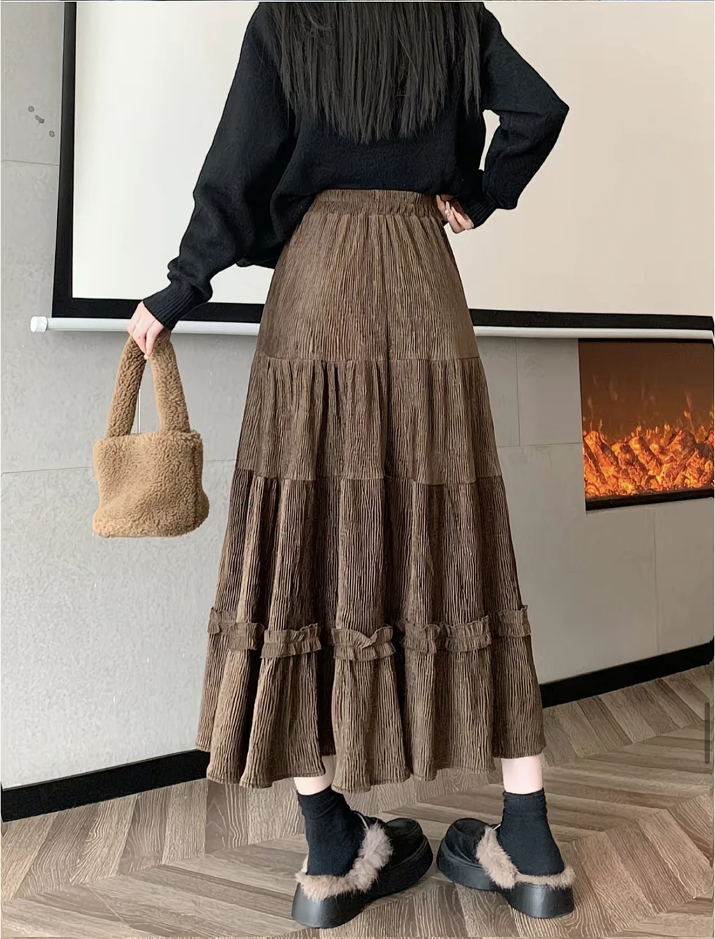 Vestido en capas para mujer para otoño e invierno, vestido retro de pana de longitud media con pastel, vestido suelto de cintura alta