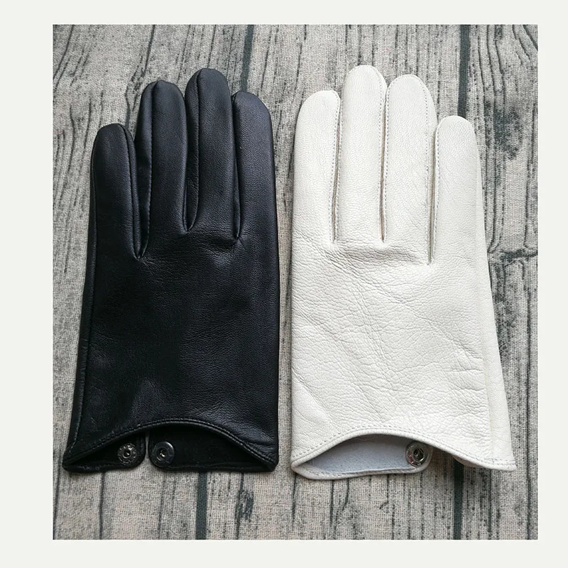 Black White Sheepskin Gloves Women's Genuine Leather Fashion Straight Velvet Lining Spring Autumn Warm Outdoor Travel Driving