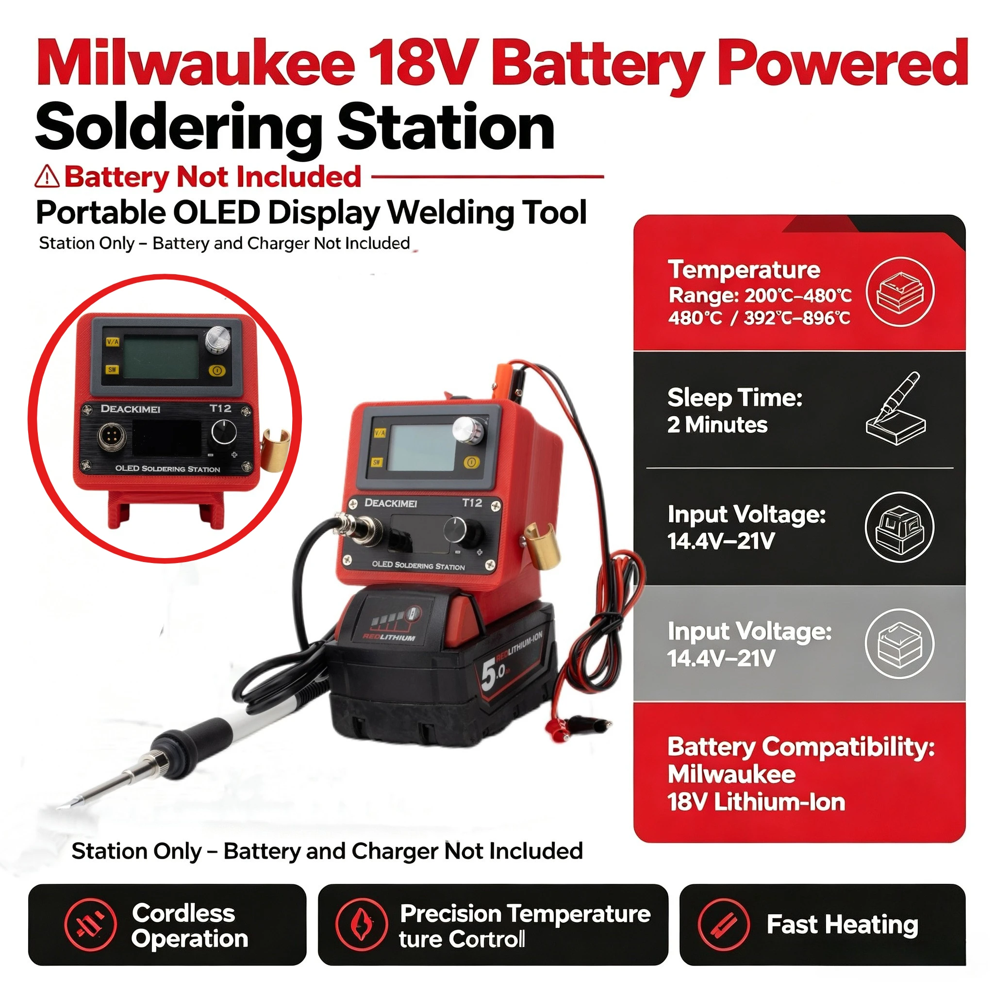 For Milwaukee 18V Lithium Battery T12 OLED Soldering Iron Fast Heating °C/°F Free Switching T12 Soldering Station (NO battery）