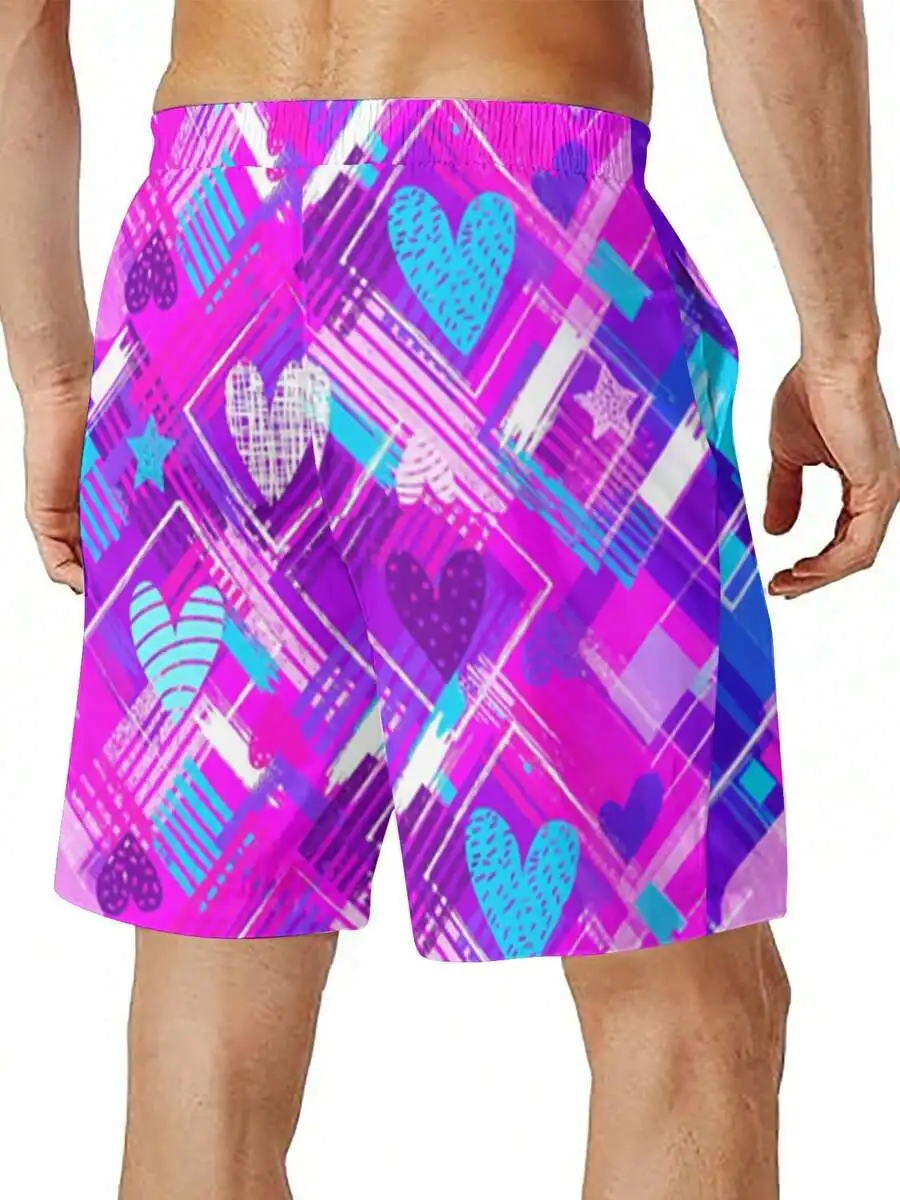 

Mens Casual Beach Shorts With Pink Purple Geometric Heart Pattern For Summer Parties