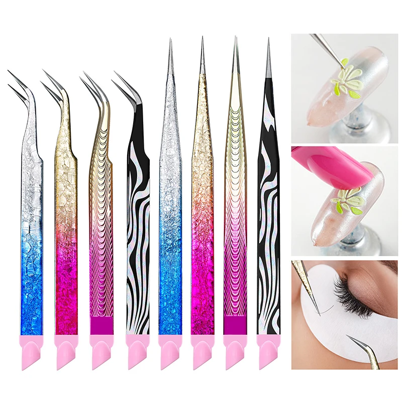 Double-Ended Eyelashes Extension Tweezers Makeup Tools Nail Art Tweezers With Silicone Pressing Head Nail Stickers Pick Up Clip