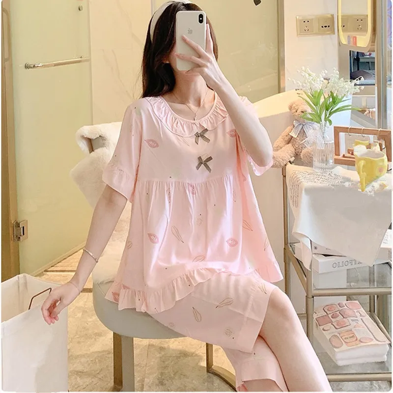 UHYTGF Pajamas Women's Printed Cotton Silk Thin Home Clothes Female Summer Two-Piece Set Sleepwear Sweet Student Nightgown 2474