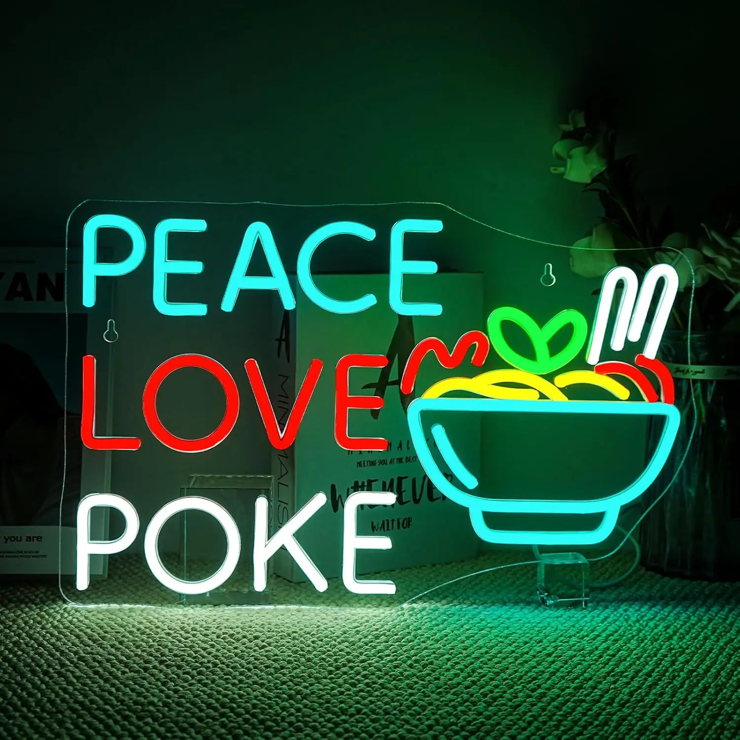 Peace Love Poke Neon Light Dimmable LED Wall Decor Colorful Bowl Sign USB Powered Hawaiian Food Bar Restaurant Window Display