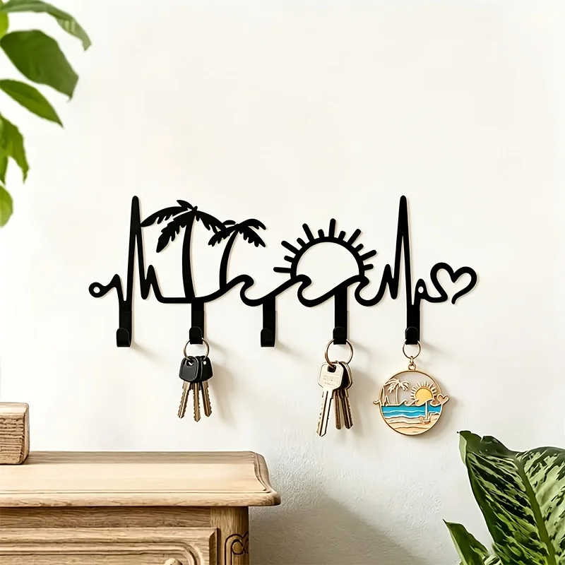 CIFBUY Boho Beach Gancho de pared de metal con forma de corazón, palmera, silueta de puesta de sol, soporte para llaves, colgador decorativo para recibidor, pasillo B