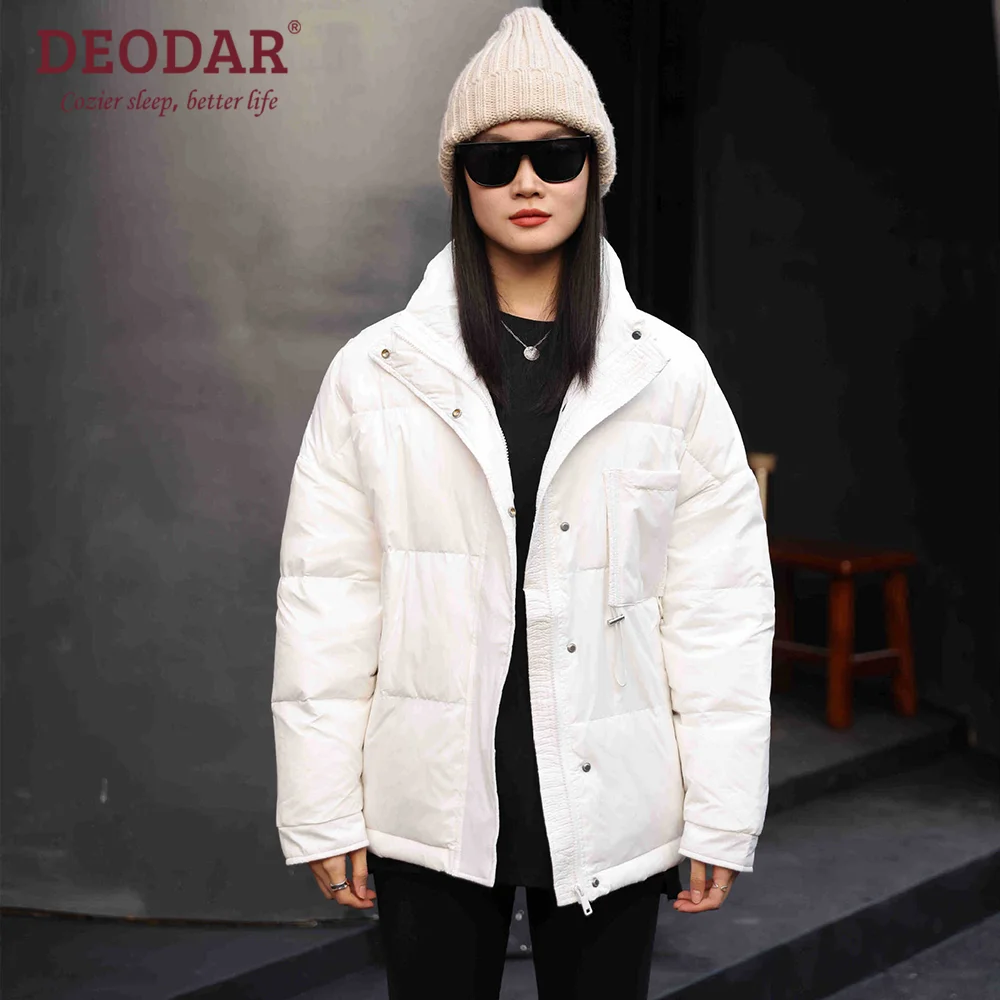 

DEODAR 2022 New Fashion Women Duck Down Jacket Long Sleeve Zippers Stand Collar Light Warm Loose Basic Solid Puffer Coat