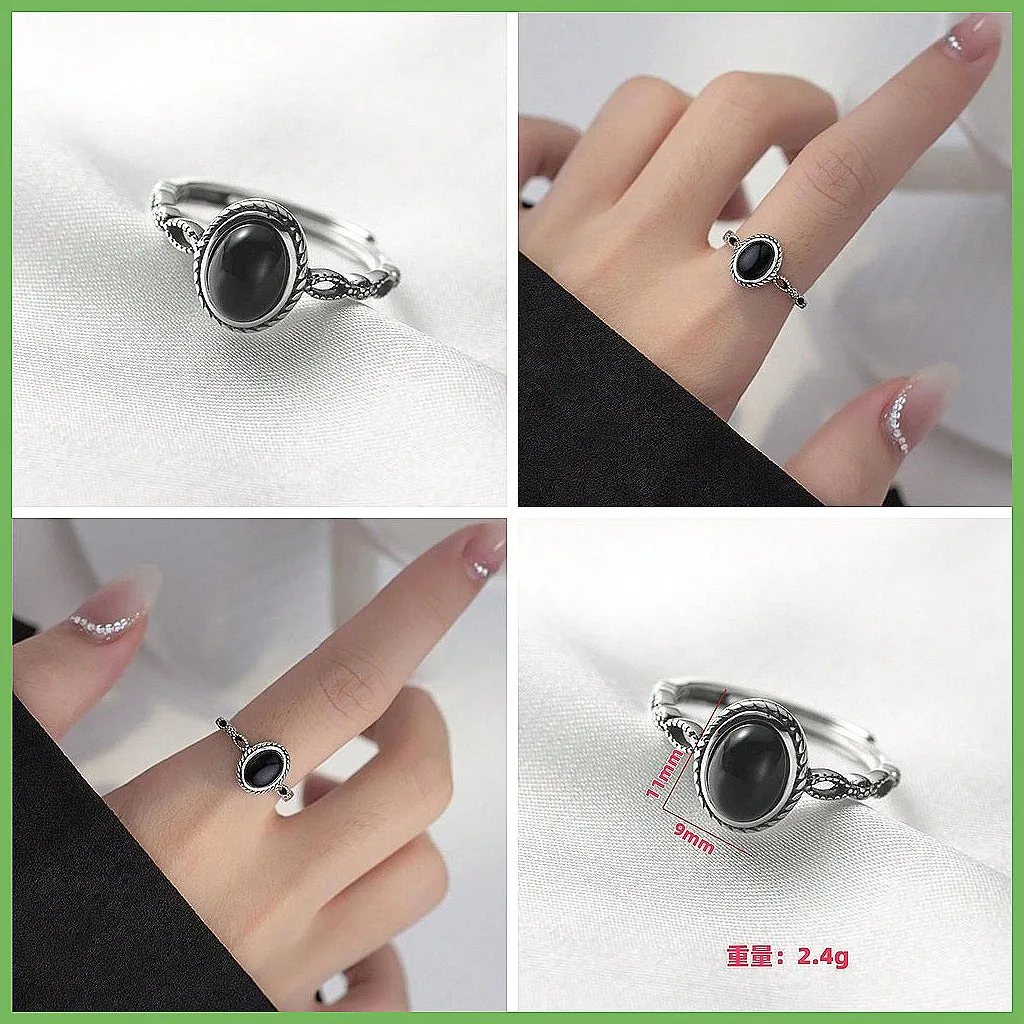 Anillo Ovalado de Ónix Negro Vintage para Mujer, Elegante Joyería Retro de Moda para Regalo