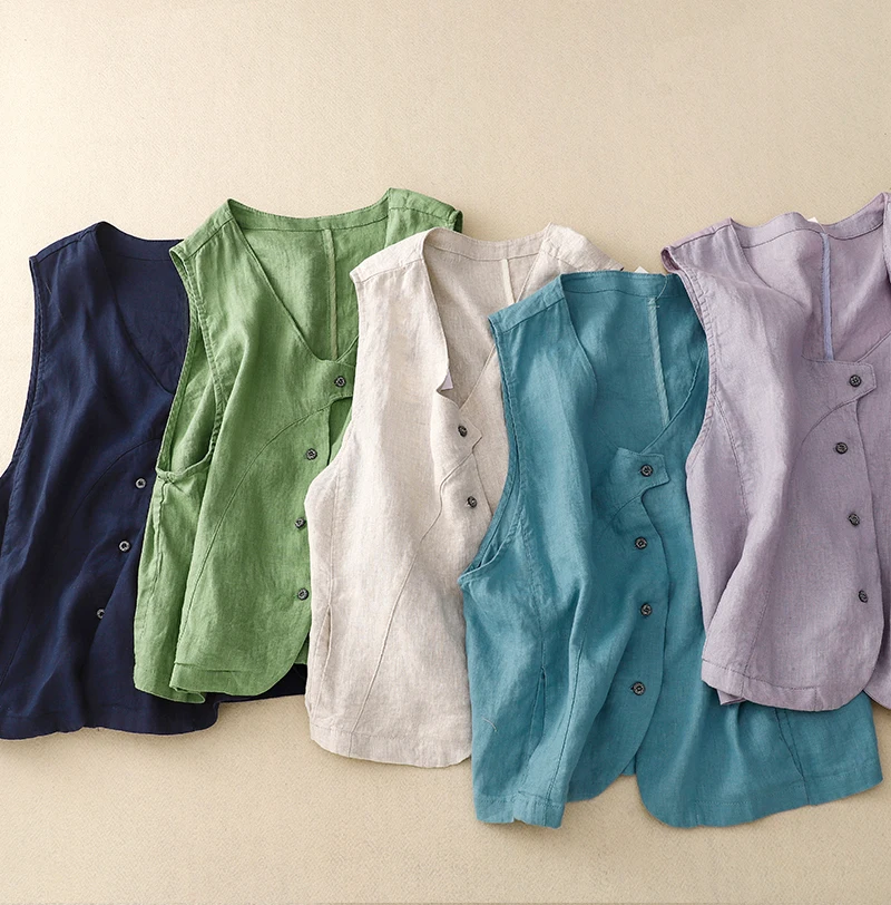 Elegant Women's Summer Vest Purple Blue Green Navy Blue Beige Cotton Linen Sleeveless Jackets Korean Style Casual Cover Up Coat