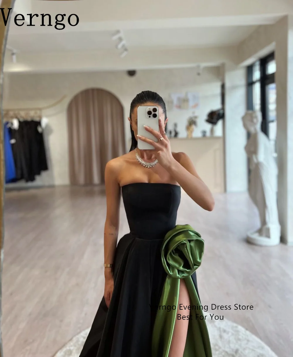 Verngo Green Satin Prom Gown Strapless A Line Evening Dress Women Side Slit Party Dress 3D Flowers Prom Dress