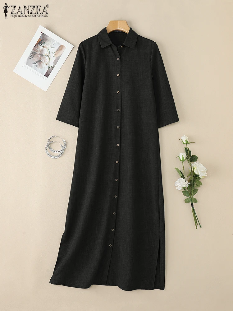 ZANZEA femme automne mode élégante chemise décontracté col rabattu manches 3/4 fente latérale Maxi Robes déplacements Robes solides