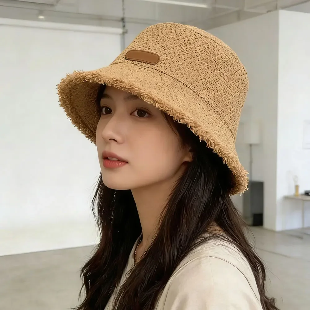 Breathable Knit Fisherman Hat Women Summer Wide Brim Sun Hat Casual Lightweight Foldable Polyester Fiber Outdoor Accessory