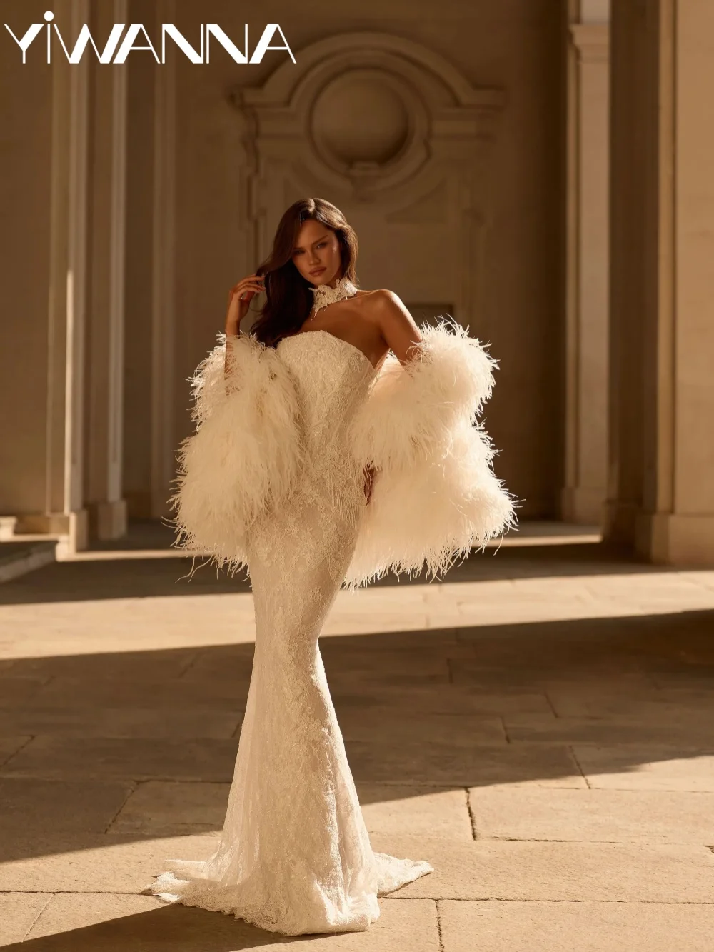 New Luxurious Beaded Lace Wedding Dress Feathered Shawl Dreamy Strapless Bridal Gown Customized Mermaid Long Dresses For Bride